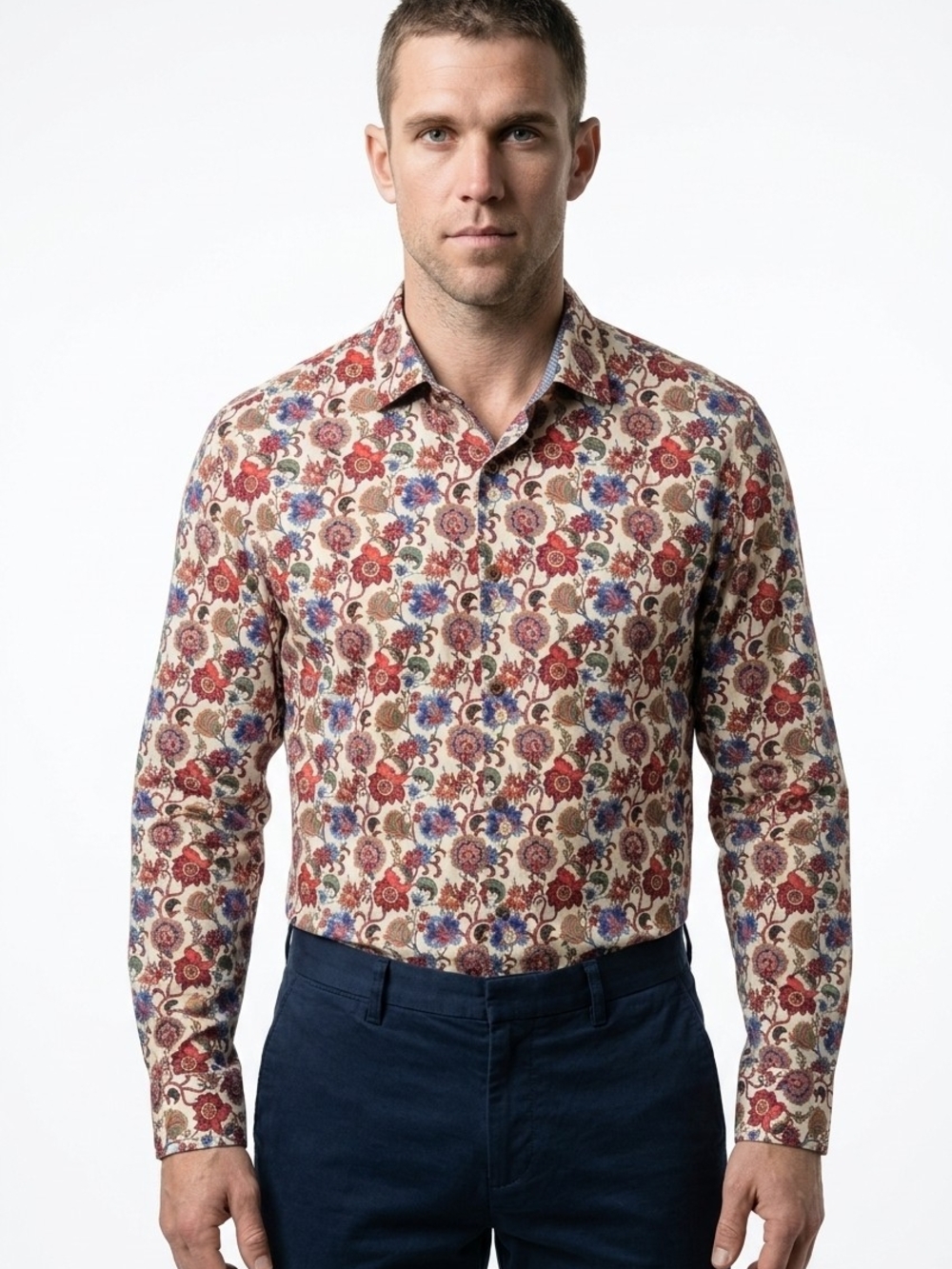 Tommy Bahama Cream Floral Button-Down Shirt with Purple and Red Accents - Picture 2 of 9